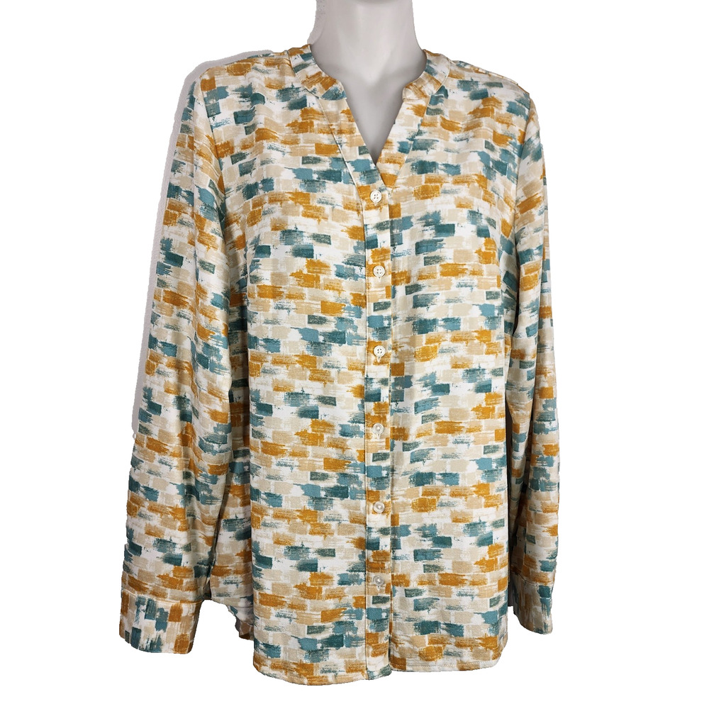 Denim & Co. Womens Printed Y Neck Long Sleeve Shirt S Gold Multi Button A469360